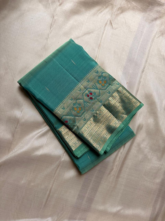 Vibha pastel sage green  Pure Kanchipuram Silk Saree Blending the Grandeur of South Indian Weaving with Paithani-Inspired Floral Zari Borders and a Lustrous Rose Gold zari Pallu