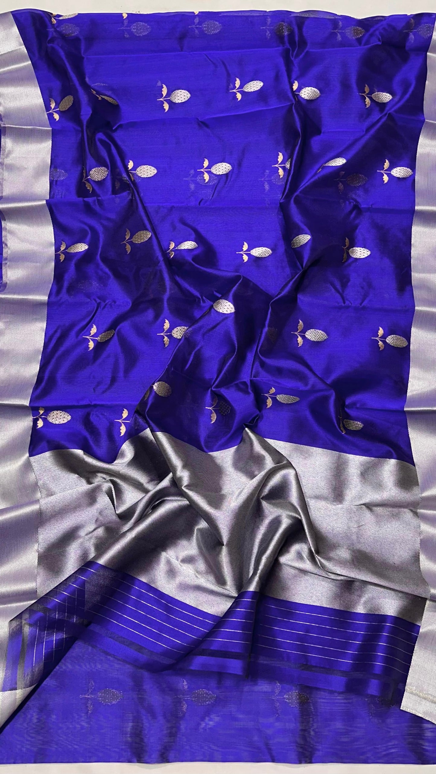 Pure silk Chanderi handloom striking purple shot indigo sona roopa silver gold butti saree