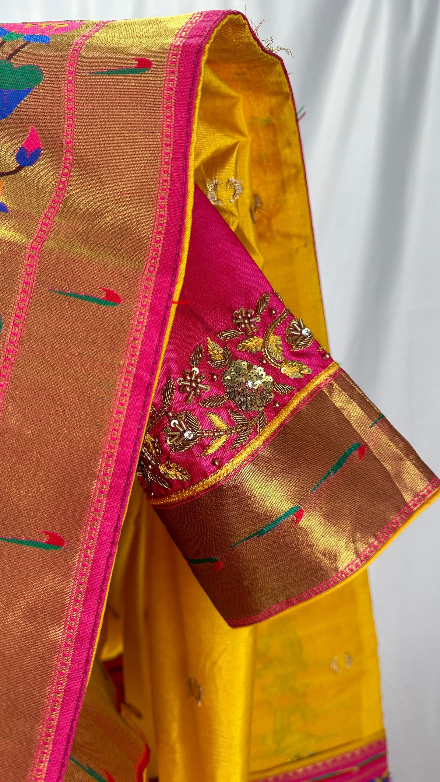 Paithani soft silk saree and embroidered blouse - Yellow and Pink