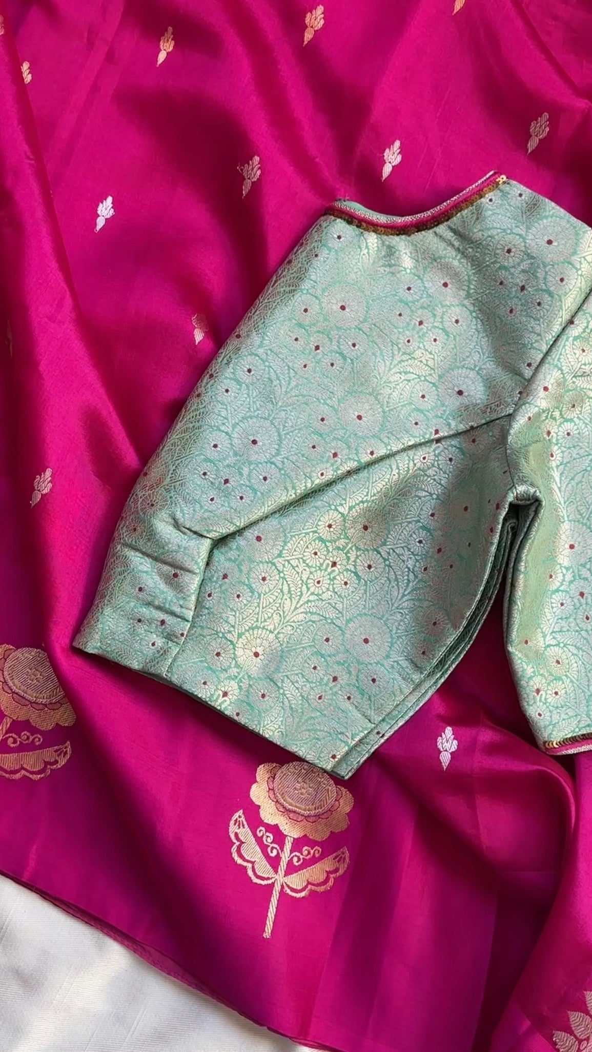 Pale green pink butta banarasi meenakari blouse in pure silk with embroidered sleeves