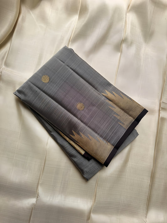 Pure silk kanchipuram grey with zari thazhampoo reku darkest brown or podi color selvedge and Pallu