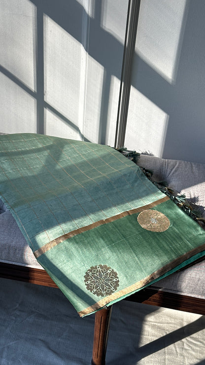 Pure silk kaduva Benares sarees “Raw mango” style - pastel green checked