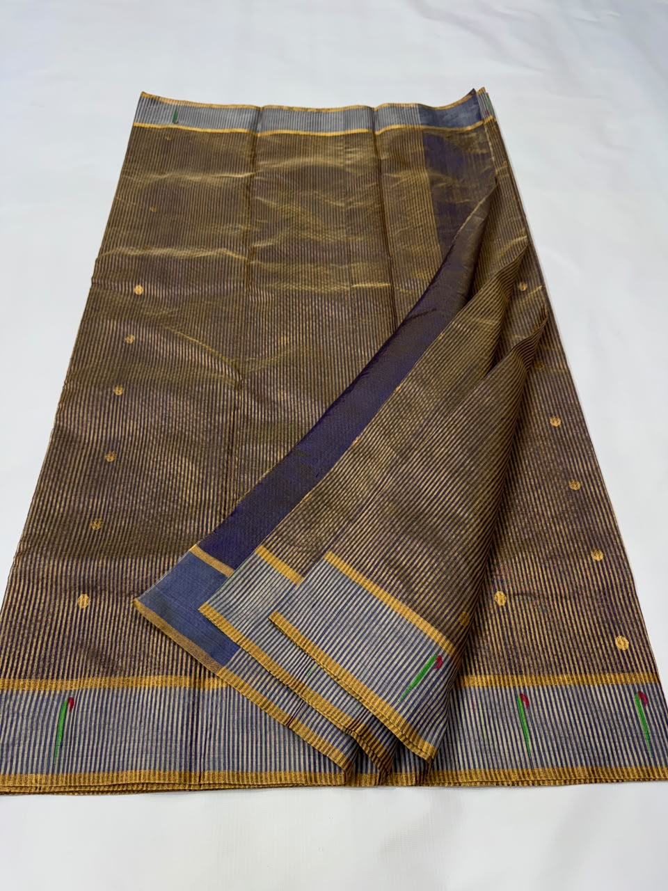 Antique Gold and Slate Blue Striped Pattu Silk Chanderi Saree, fine metallic stripes and golden butis on the body