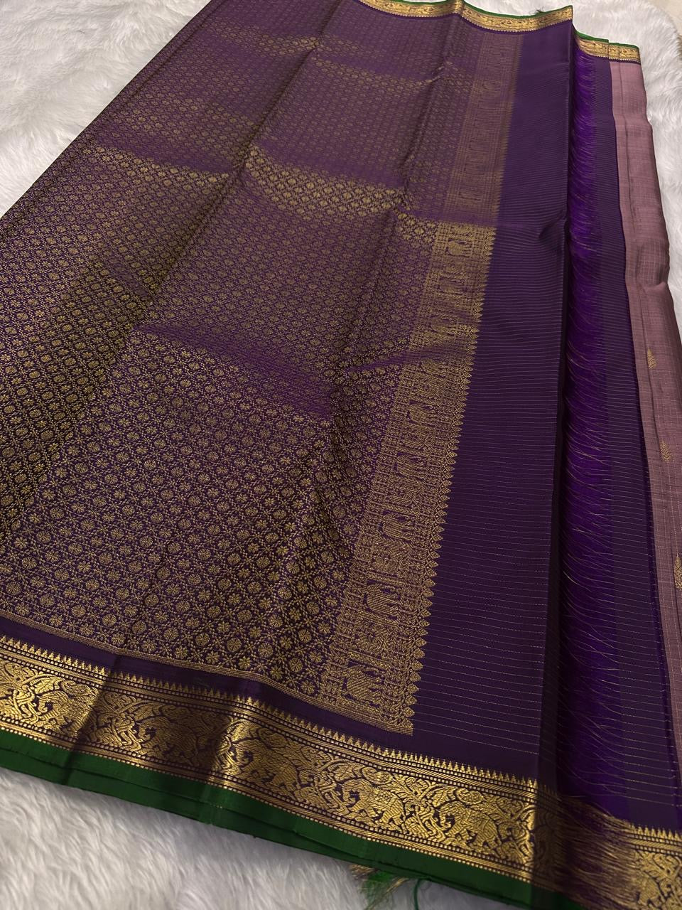 Padmika – Graceful Pink Zari Kattam Kanchipuram Silk Saree with Majestic Purple Vanasringaram Border & Green Selvedge