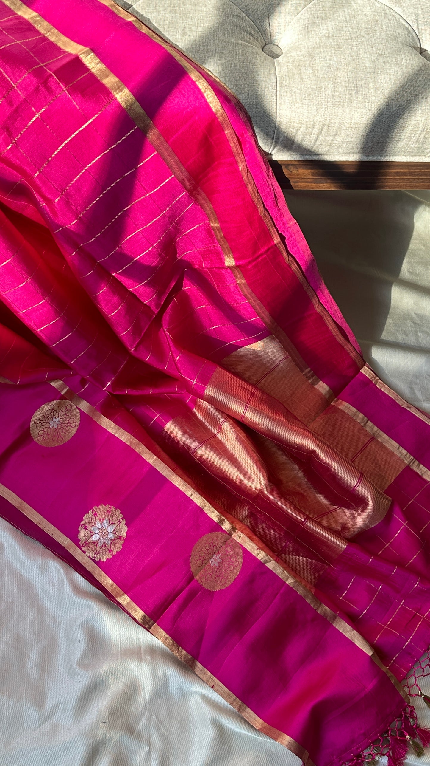 Pure silk kaduva Benares sarees “Raw mango” style - Pink checked