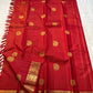 Thilakam Red Vairaoosi — Pure Silk Kanchipuram Saree
Radiant vermilion-red body with gold vairaoosi pinstripes and paisley buttas, paired with a fiery orange-red brocade pallu and grand peacock–elephant zari border ✨
Silk Mark Certified • Fall & Pico Done