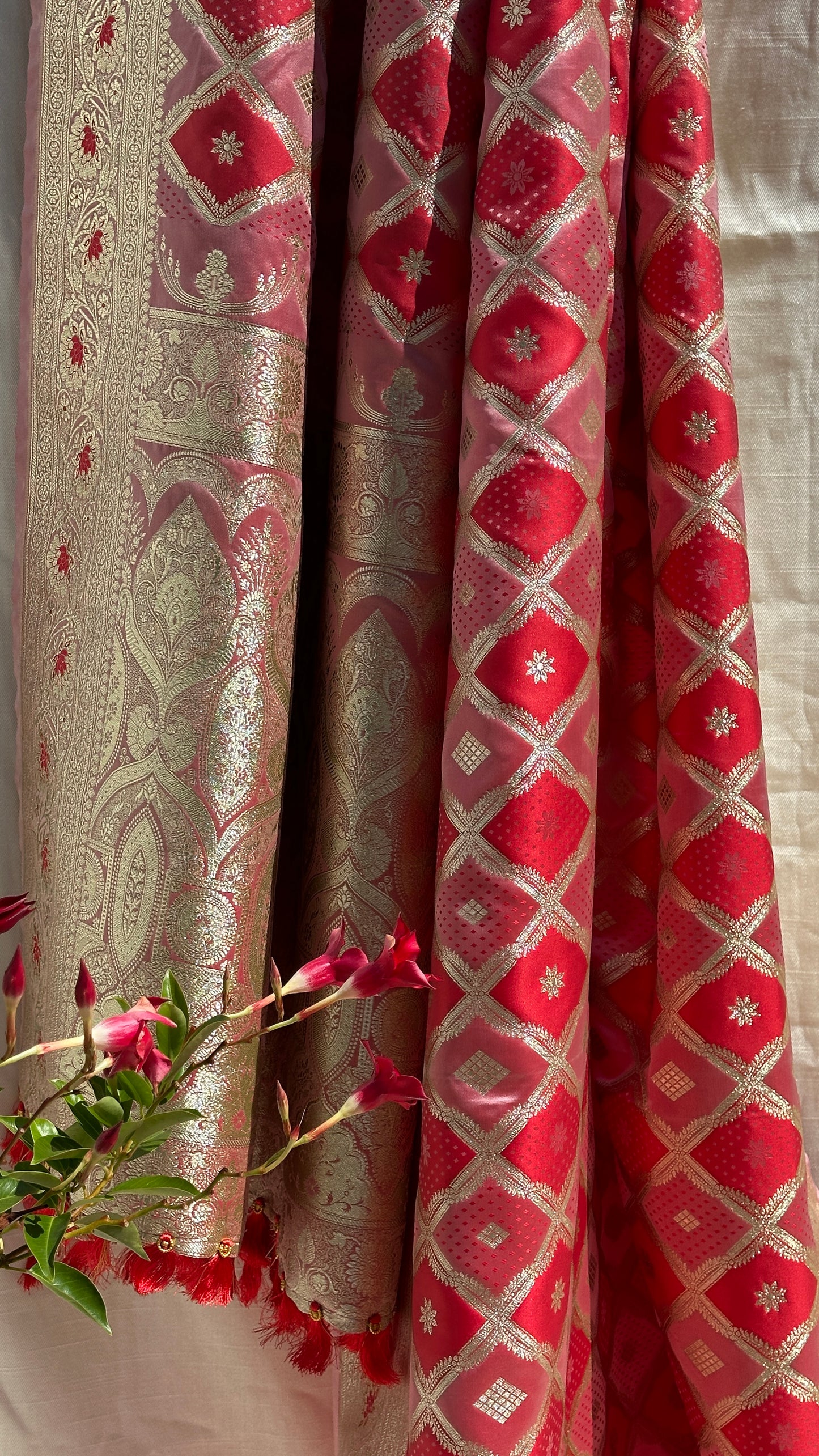 Pink and red banarasi saree set