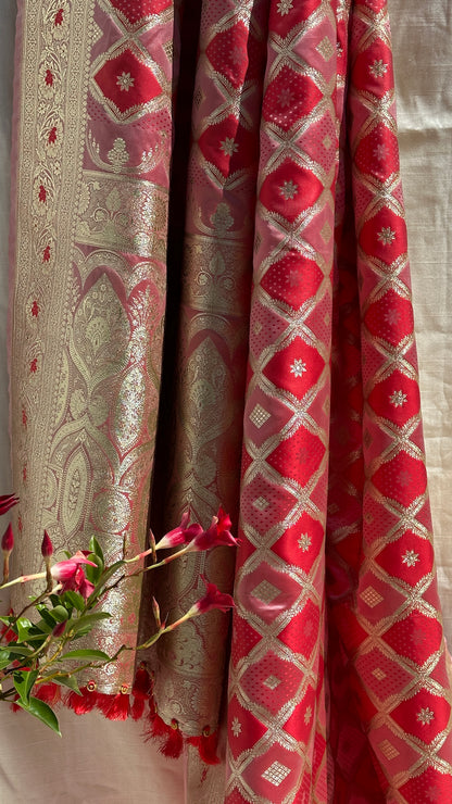 Pink and red banarasi saree set