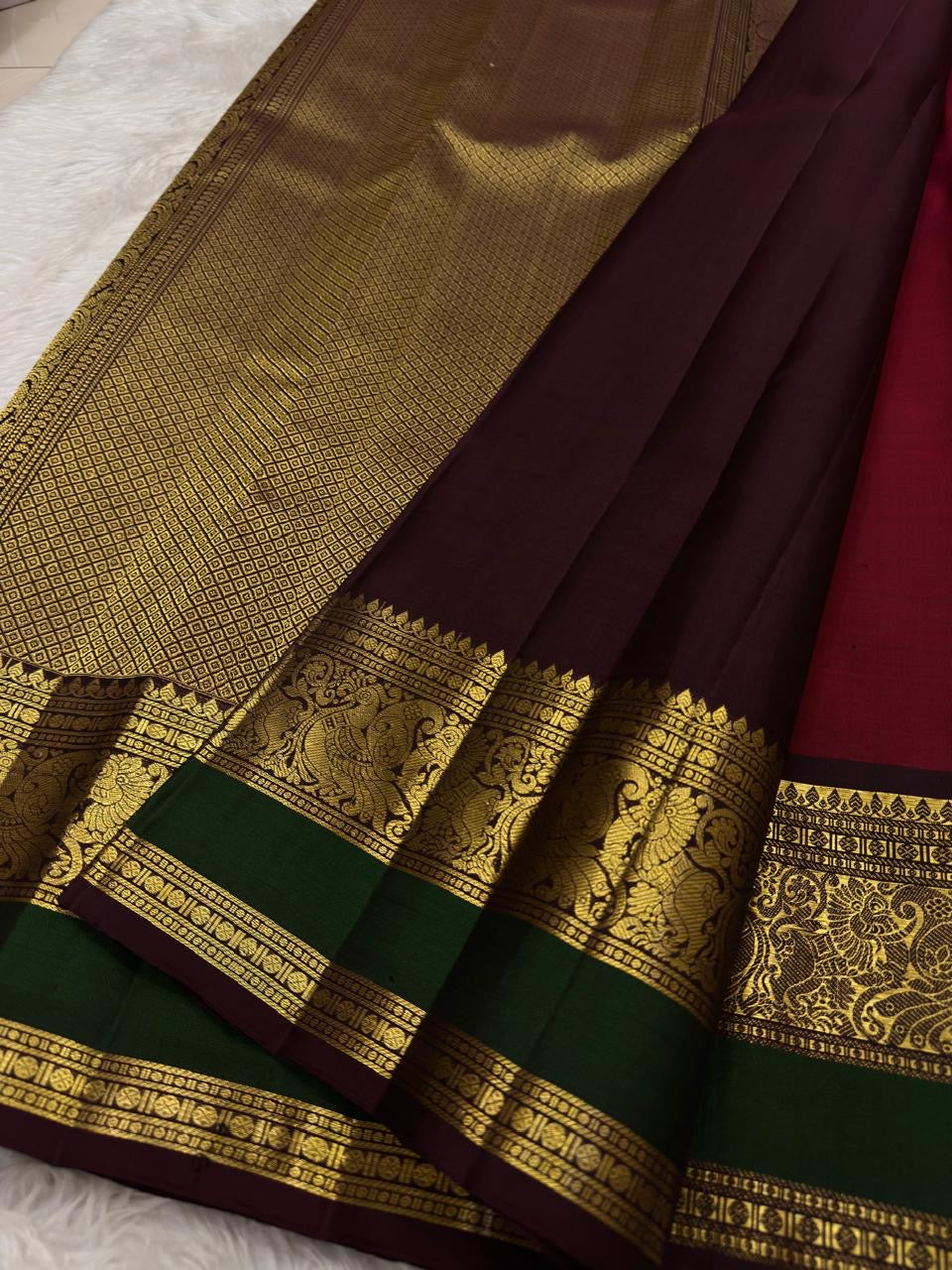 Deep brown korvai vanasringaram border on arakku red Kanchipuram pure silk saree — Idam Living