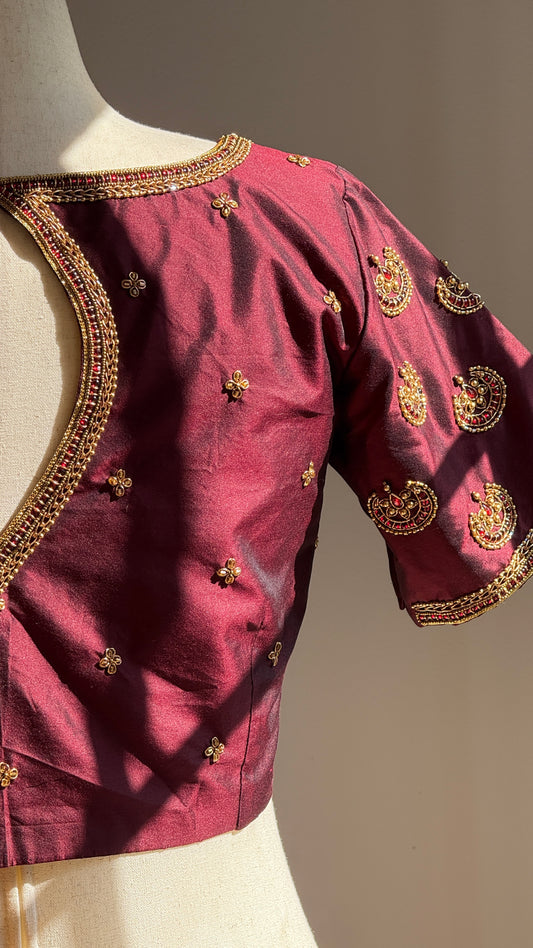 Aarvi – Handwoven Deep Maroon-Brown Silk Blouse with Traditional Maggam Embroidery, Antique Gold Beadwork & Kemp jadau work Stones Inspired by  Temple Jewelry- delivery in 3 to 4 weeks