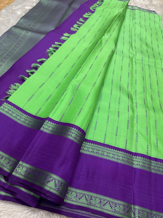 Varsha – Parrot Green & Purple Pure Silk Kanchipuram Saree with Rain-Inspired Thread Buttas - Zari less silk thread version