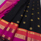 Kanmani — Black & Rani Pure Silk Kanchipuram Saree
Inky black body with gold medallion & peacock buttas
Striking rani-pink and kavi-orange korvai borders with temple-edge zari
Rich rani-pink brocade pallu with grid jaal & heritage vines
Silk Mark Cert