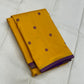 Manjal Vadamalli Chakram – Pure Kanchipuram Silk Saree

Marigold yellow body with purple floral thread buttas

Grand royal purple pallu with gold medallion zari & reku-style stripes

Handwoven Double Warp Weave | Silk Mark Certified | Fall & Pico Done
