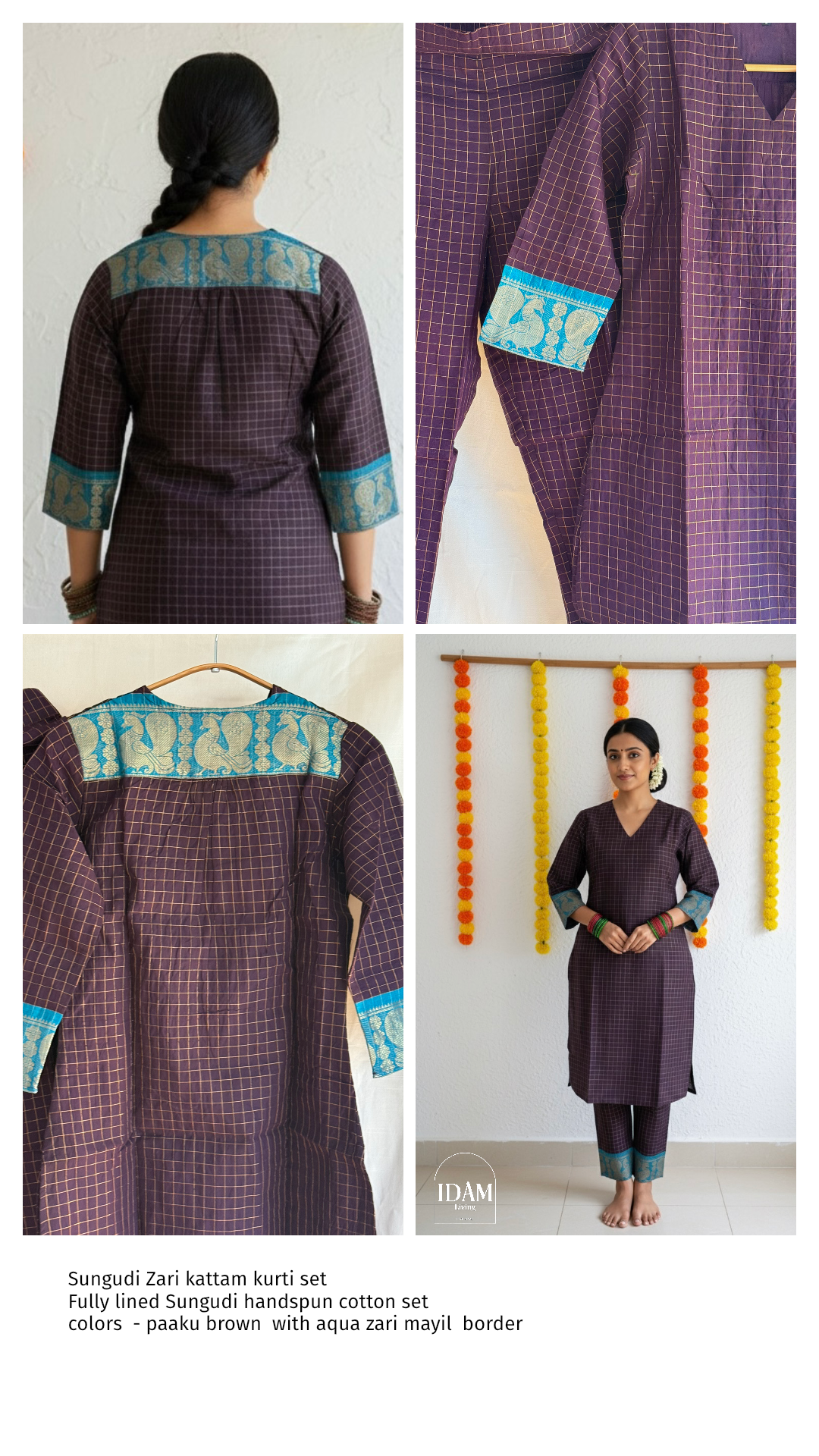 Vanappu — Jamun & Aqua Sungudi Zari Kattam Kurti Set
Deep Jamun Purple Handspun Cotton with Aqua Zari Mayil Borders & Kattam Checks ✨
Handwoven in Madurai • Fully Lined • Free USA Shipping • Ready to Ship ✅