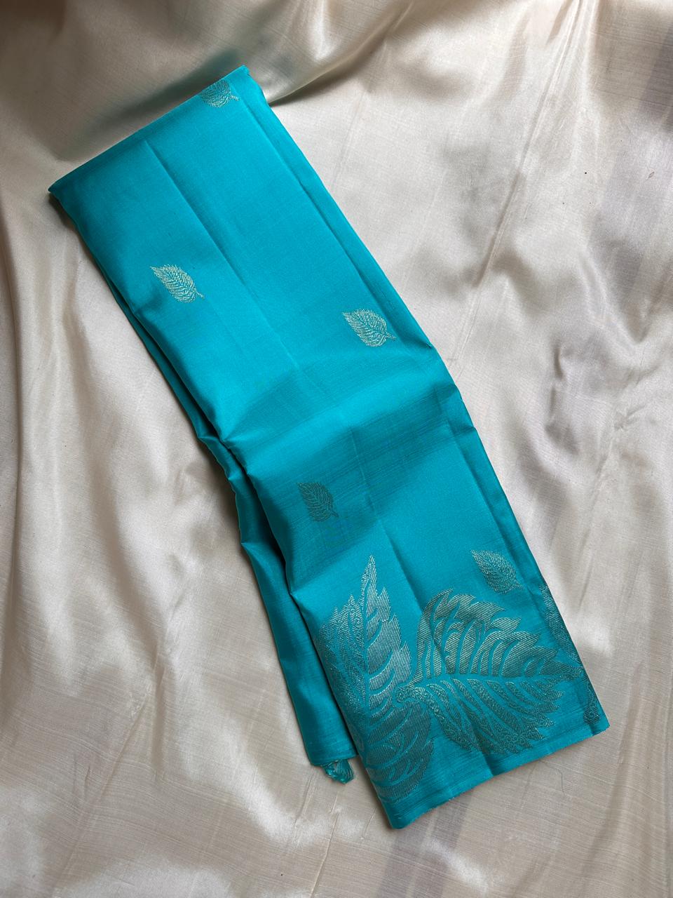 Blue - Pure silk Kanchipuram handloom saree with contemporary gold and silver Zari leaf motifs on border and Pallu