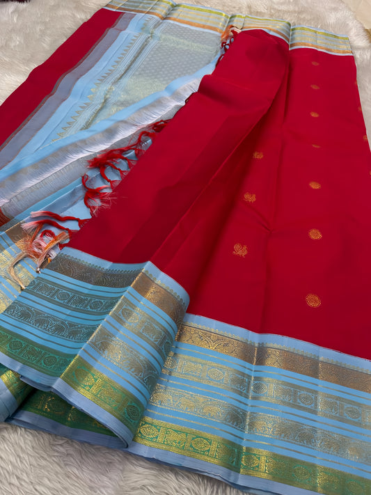 Flaming tomato red wrapped with a balmy sky blue pure silk Kanchipuram saree