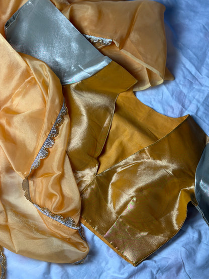 Pure silk tissue saree & pure tissue silk blouse ( silver and subtle yellow )