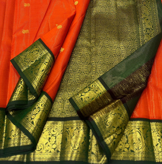 Pure Kanchipuram Silk Saree – Vermilion Orange with 2g Zari Korvai Border and Flying Horse Butta