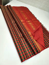 Red green maroon and gold checks pure silk Kanchipuram with seer zari Pallu