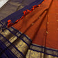 Rust Orange Sorgavasal Mayil – Pure Kanchipuram Silk Saree
Rust Orange Body with Petite Gold Zari Buttas ✨
Grand Navy Border with Sorgavasal mayil Peacock Motifs 🦚
Contrast Pallu in Rich Zari Weave 💫
Silk Mark Certified, delivery in 2 weeks