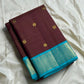 Rathi – Earthy Brown Vairaoosi Silk Saree with Petite Kamalam & Chakram Buttas, featuring a finely Woven Muthu Seer Zari Border in a Classic Style
Pallu in Soothing Rama Blue with Grid-Like Zari Motifs of Paisley & Chakram