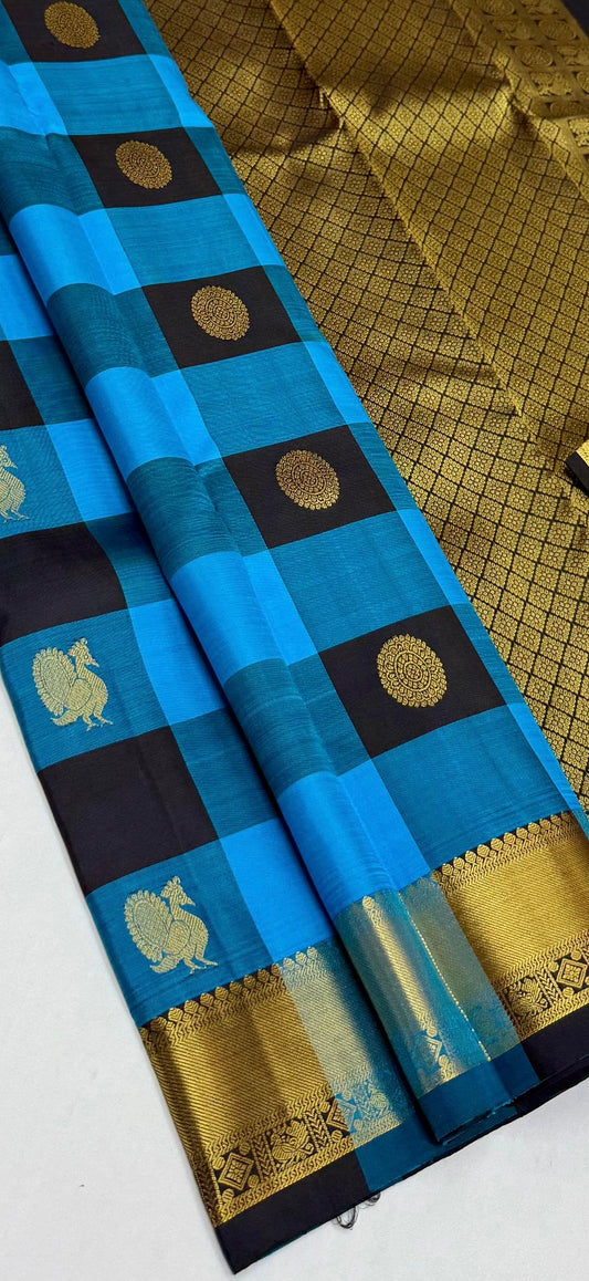 Sky blue , royal blue and black unique paalum pazhamum pure silk Kanchipuram saree
