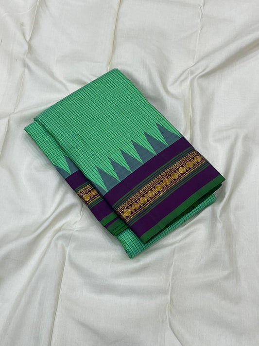 Jade Green Kattam Body • Plum-Purple Zari Border
Temple Triangles & Floral Bands
Silk Mark Certified • Free USA Shipping • Ships in Two Weeks ✅