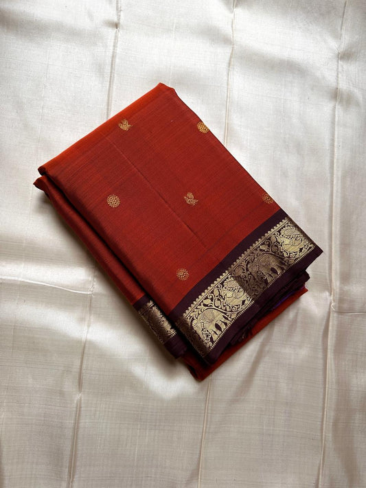 Rust  golden brown with deep coffee brown   parrot motif  kili pure silk Kanchipuram