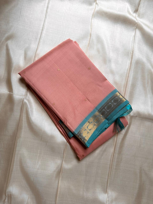 Calmest peach with small sari woven buttas with blue petite border Rudhraksham motif border