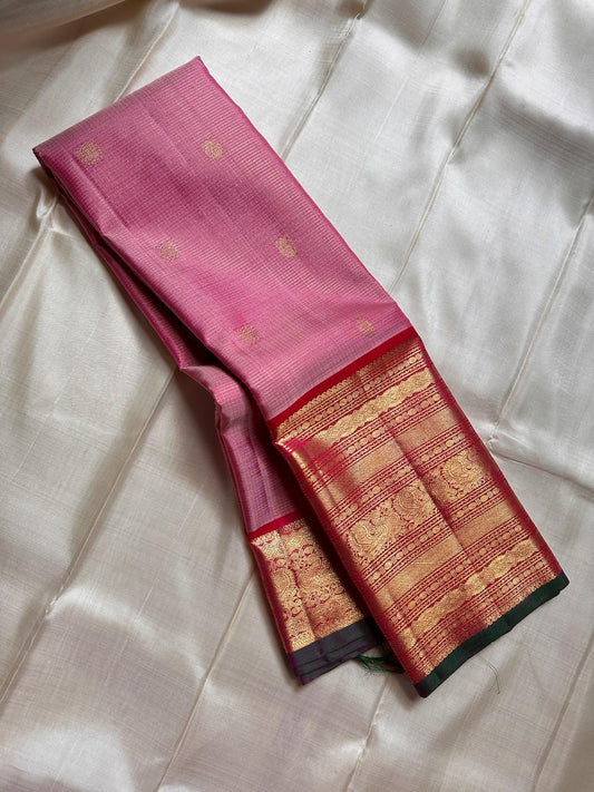 Rekha – Pink Zari kattam  Kanchipuram Pure Silk Saree with woven Zari Buttas & Maroon-red varisaipet Border