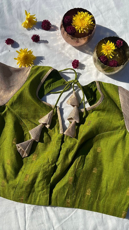 parrot Green  and cream brocade blouse