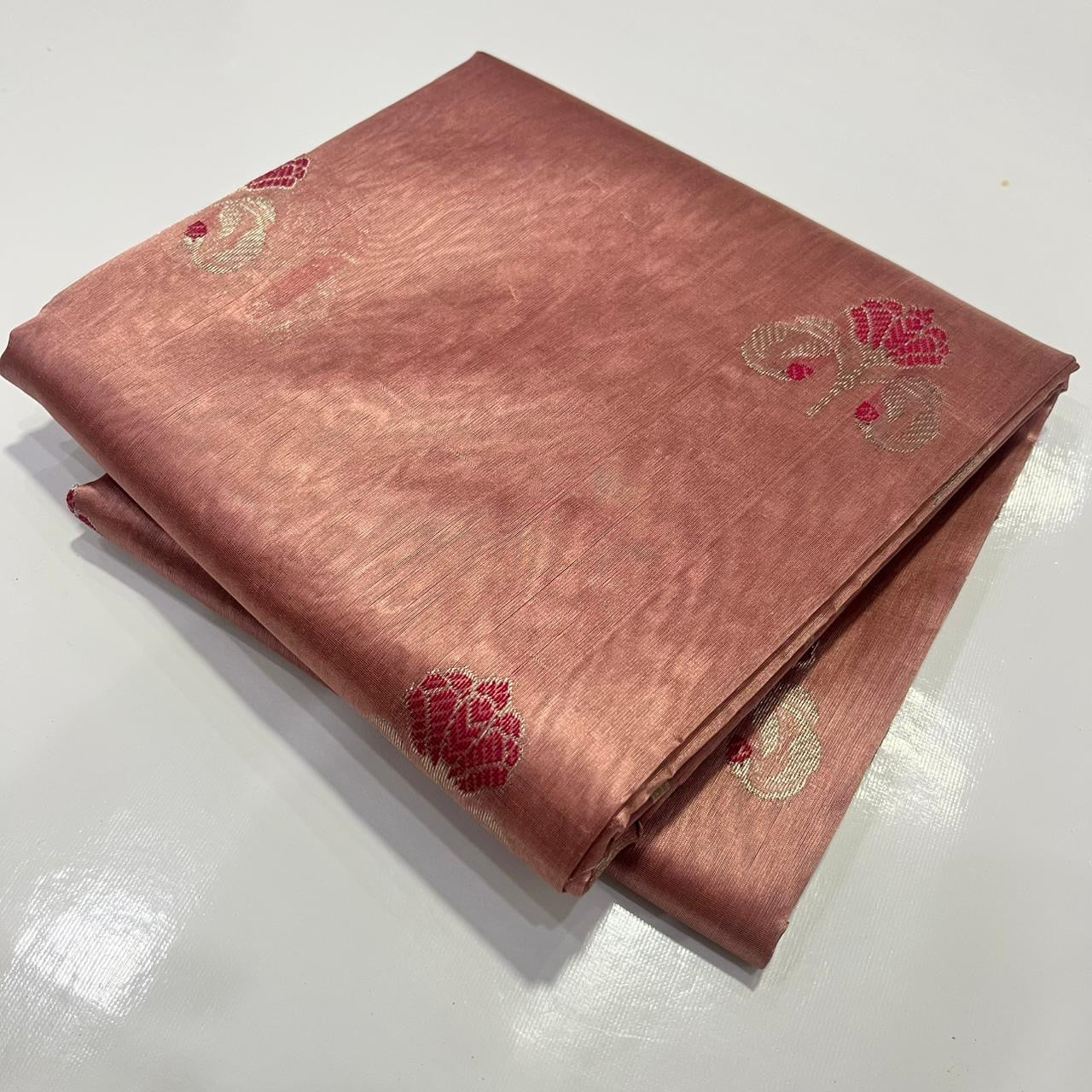 Full Antique Rose Pattu Silk Chanderi saree showing scattered woven accents and broad fine zari pallu