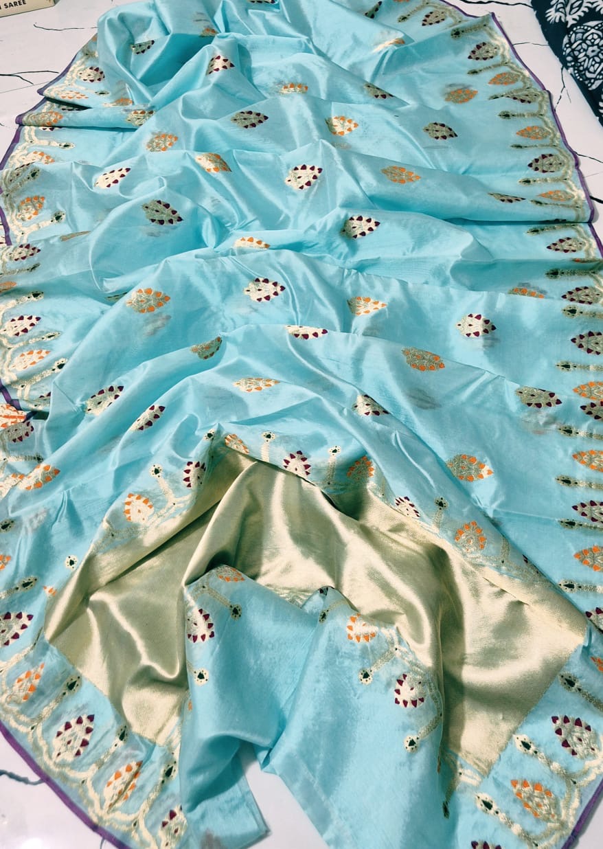 Full Aqua Blue Pattu Silk Chanderi saree with spaced multicolour woven motifs and detailed border