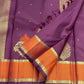 Handwoven aubergine pure silk Kanchipuram saree with small zari buttas