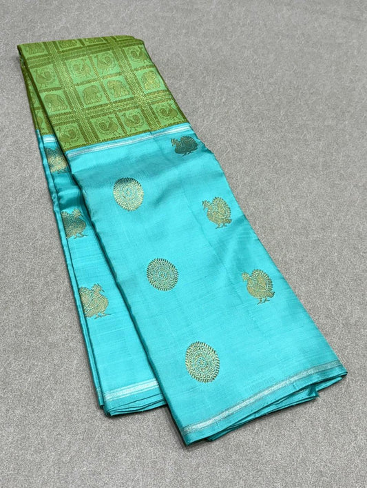 Aaral – Ice Blue & Spring Green Mubbagam Kanchipuram Pure Silk Saree with Mayil Chakram Buttas & Vanasringaram Grid Pallu