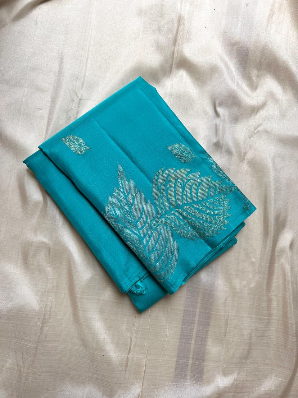 Blue - Pure silk Kanchipuram handloom saree with contemporary gold and silver Zari leaf motifs on border and Pallu
