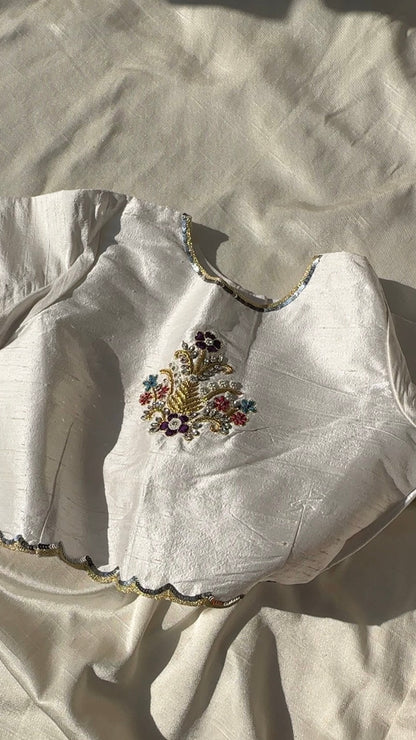 White  raw silk embroidered blouse