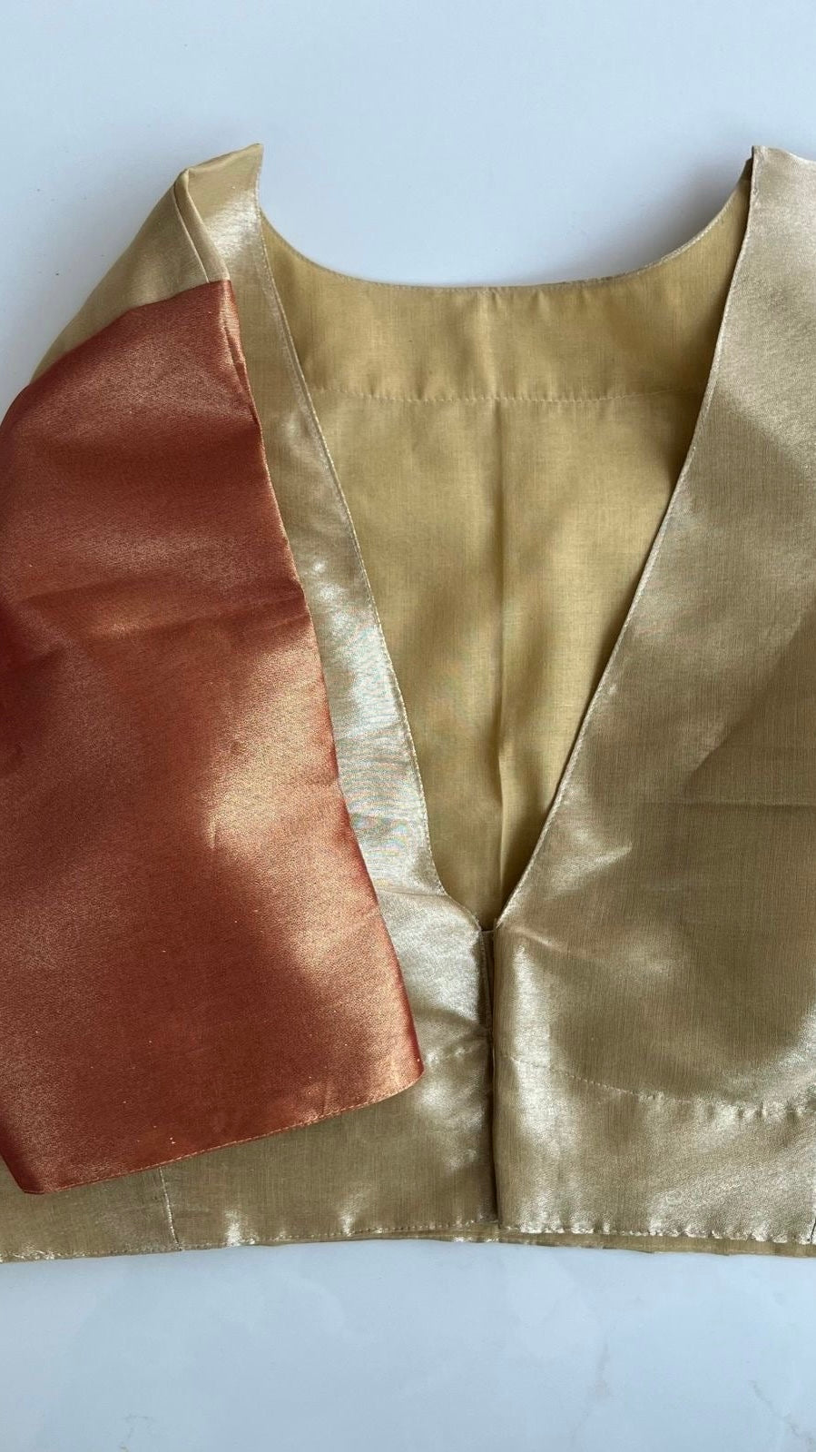 “Riva” Pure tissue silk blouse - gold with copper sleeves