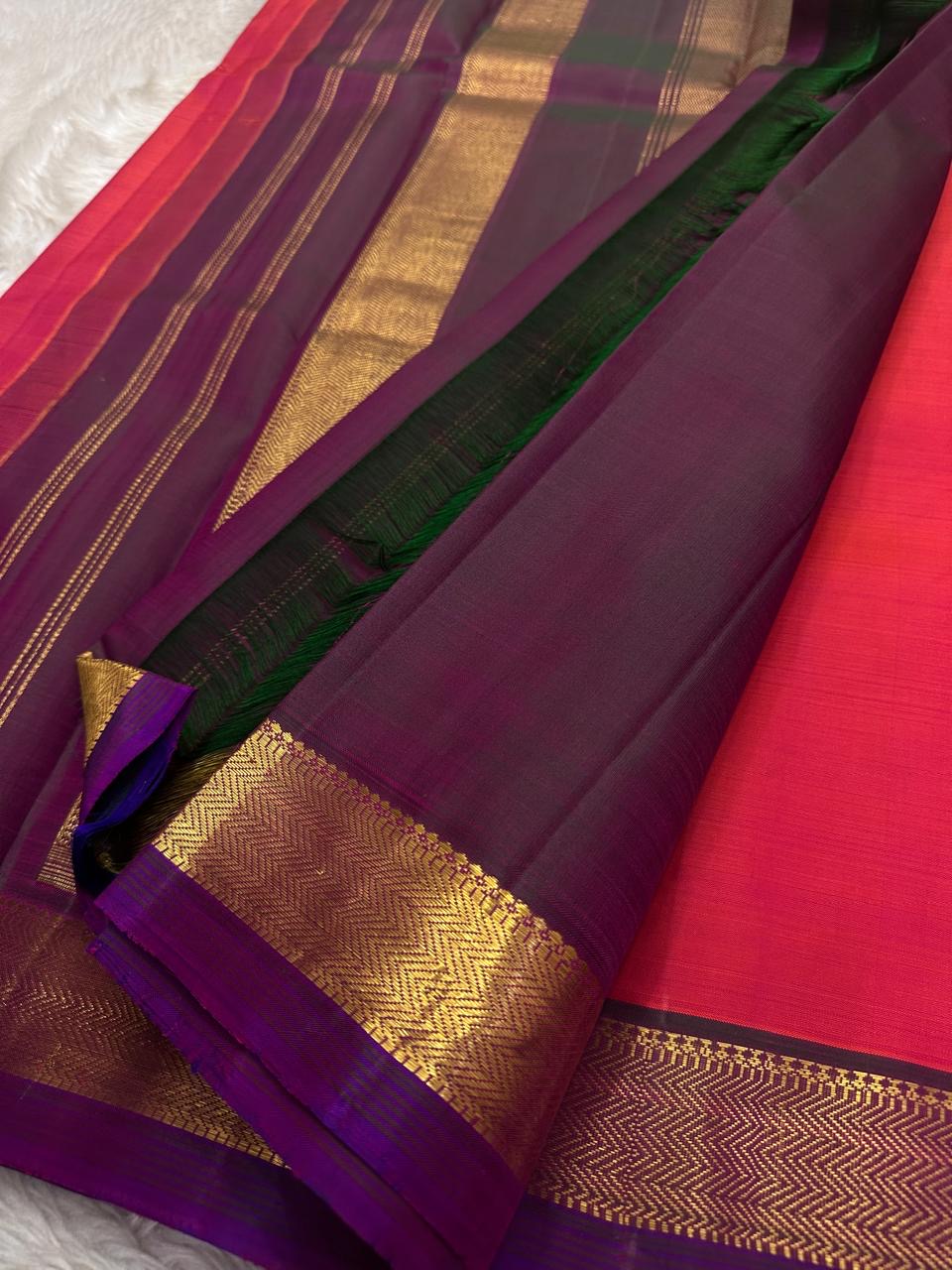 Varam – Vibrant Red Kanchipuram Silk Saree with Chevron Zari Border & Gold Paisley Buttas | Traditional South Indian Wedding Wear | Pure Heritage Handloom
