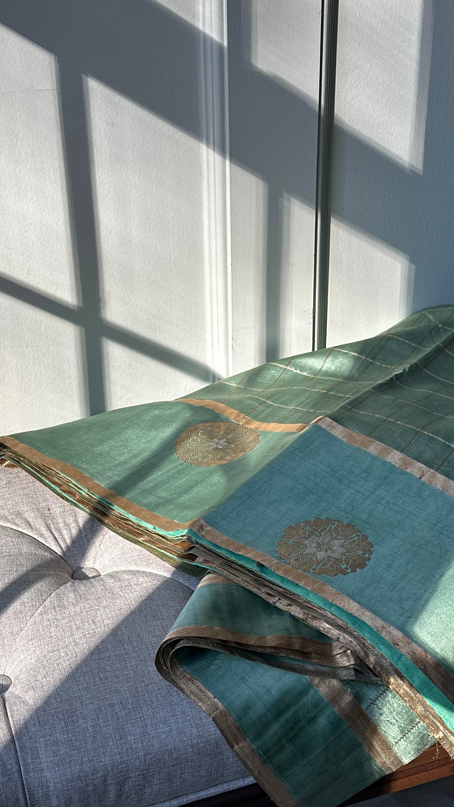 Pure silk kaduva Benares sarees “Raw mango” style - pastel green checked