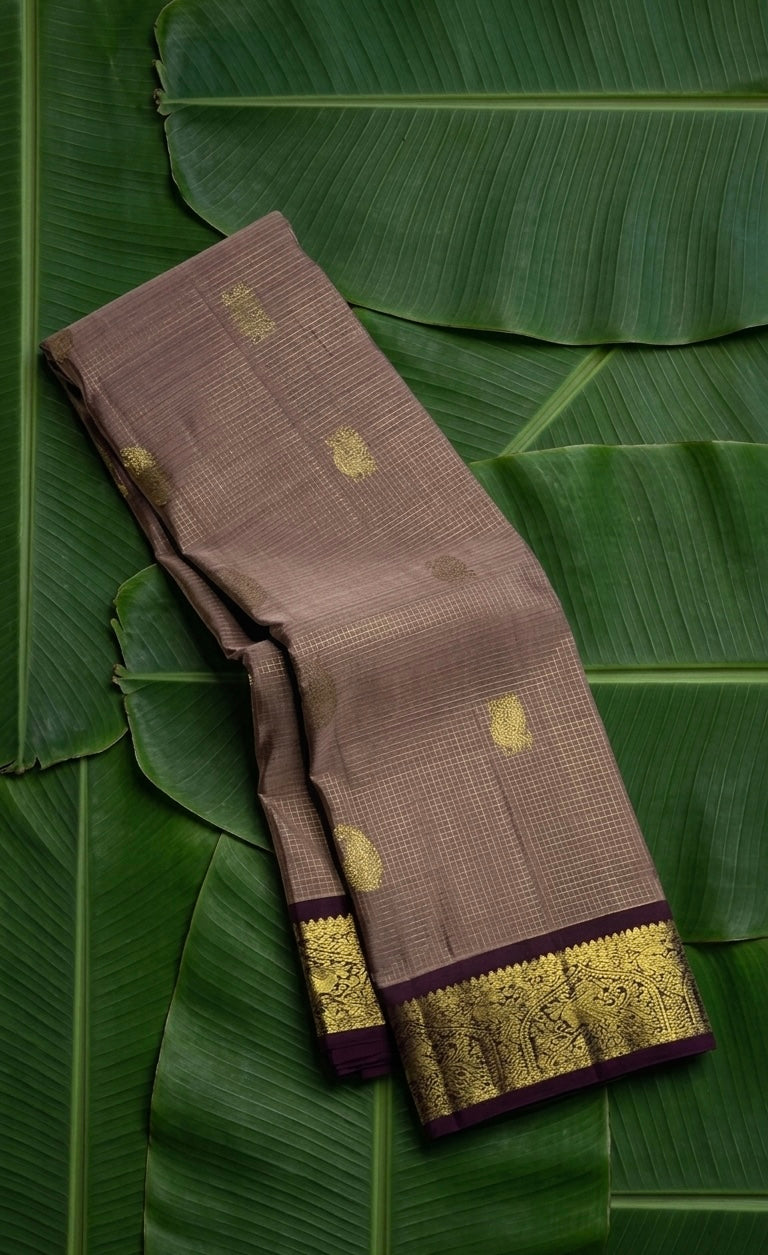 Chikoo handwoven Kanchipuram pure silk saree with zari kattam body and mayil butta on banana leaf — Idam Living