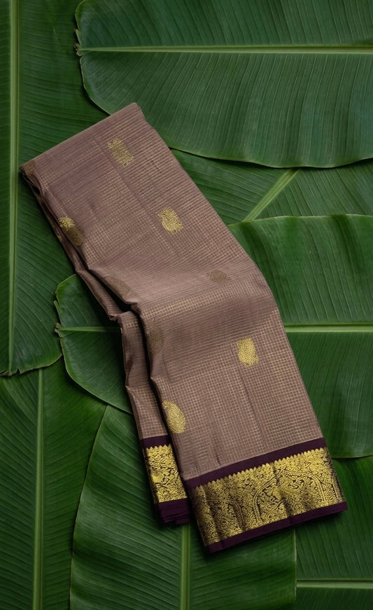 Chikoo handwoven Kanchipuram pure silk saree with zari kattam body and mayil butta on banana leaf — Idam Living