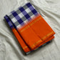 Lilac Indigo Kattam — Pure Silk Kanchipuram Saree
Bold indigo–lilac–white checks with tangerine korvai borders & gold temple edging
Silk Mark Certified • Free USA Shipping • Ships in Two Weeks