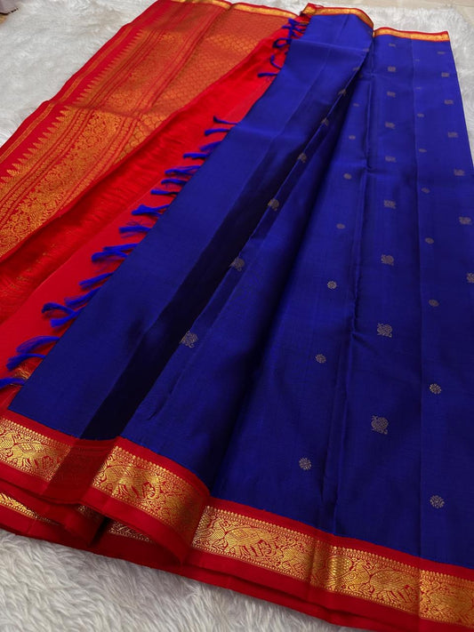 Neerja – MS Blue & Flaming Orange Kanchipuram Pure Silk Saree with Vanasringaram Motifs, Petite Border & 3G pure zari