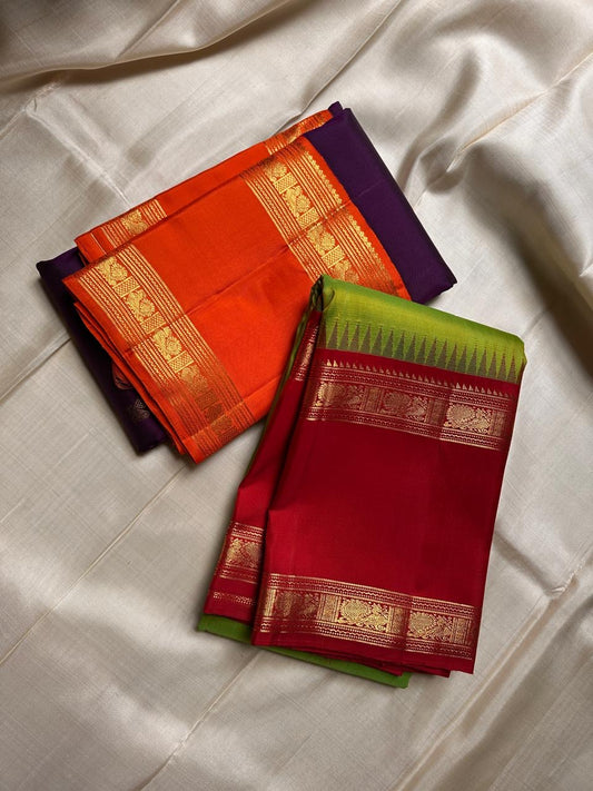 Ramani – Lime & Grass Green Pure Kanchipuram Silk shot color Saree with Red Rettapet Border with mayil zari motif and Rich 2G Zari Pallu