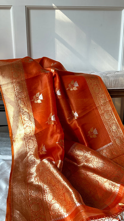 Pure silk kora Banarasi in kaduva weave - Amber