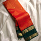 Riya – Orange Silk Saree with Dark Green Zari Border
Radiating warmth and festive charm, Riya  glows in a rich ombré of orange and vermilion, adorned with dainty gold butta motifs that shimmer gently with movement.