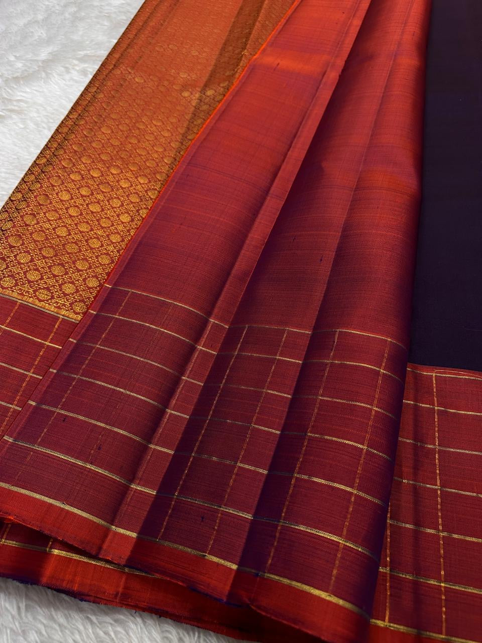 Minmini – Deep Purple Pure Kanchipuram Silk Saree with Gold Zari Buttas, Fiery Orange Checked Zari Border & Rich Gold Brocade Pallu with Traditional Motifs
