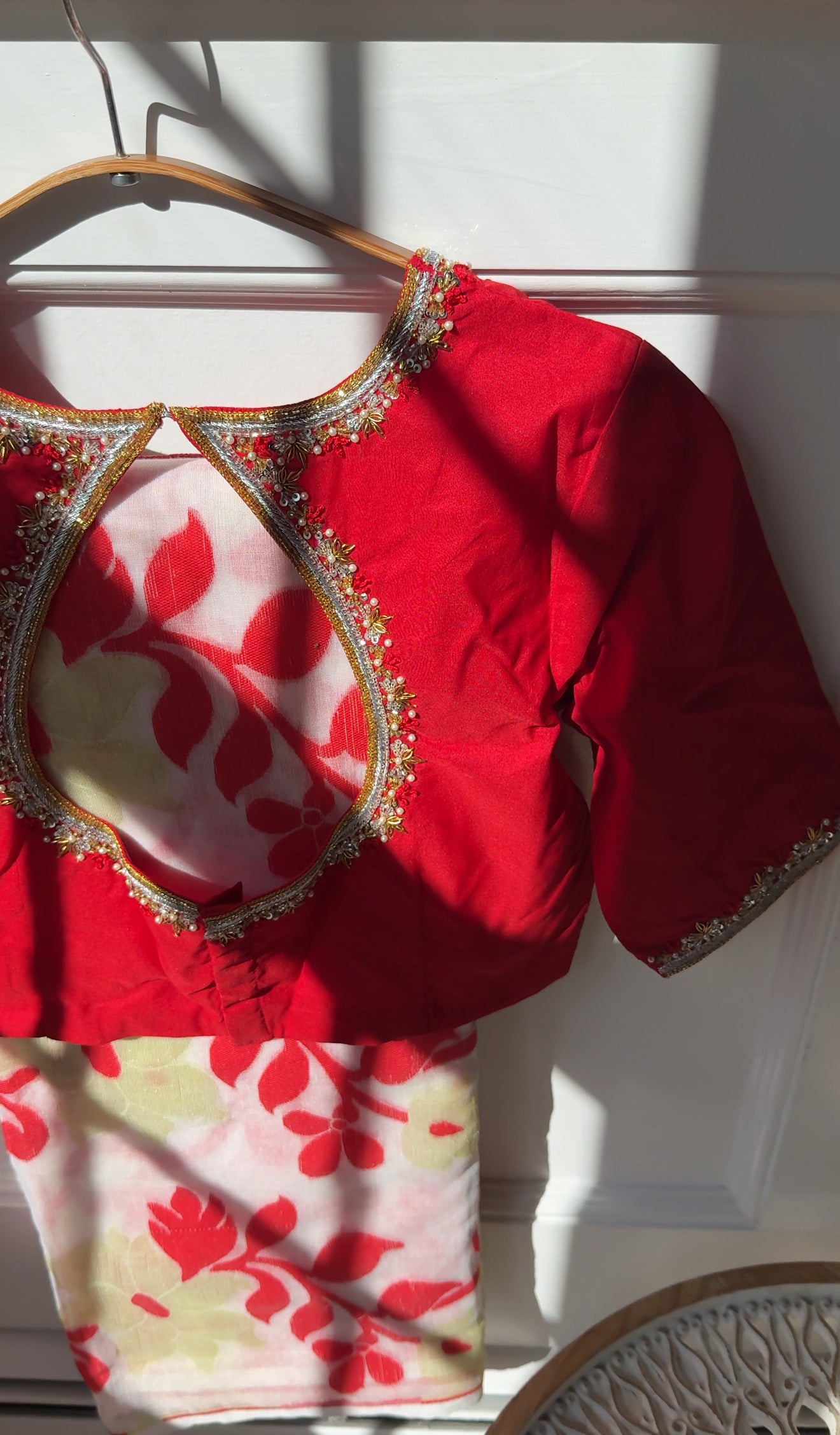 Red & White Jamdhani Muslin Silk Saree
with Hand-Embroidered Pure Silk Cotton Blouse- custom blouse made to your measurements 
Free Shipping within USA • Ships in 3 Weeks •