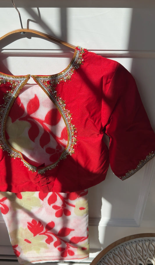 Red & White Jamdhani Muslin Silk Saree
with Hand-Embroidered Pure Silk Cotton Blouse- custom blouse made to your measurements 
Free Shipping within USA • Ships in 3 Weeks •